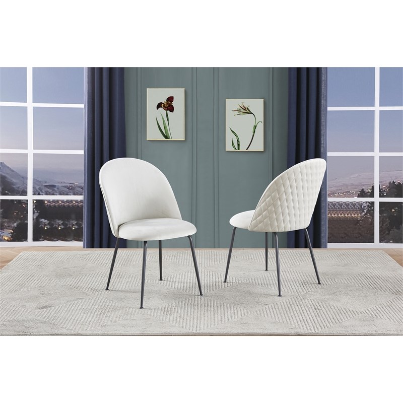 Quilted Back Side Chairs Set of 2 in Beige Velvet and Gray Painted Legs