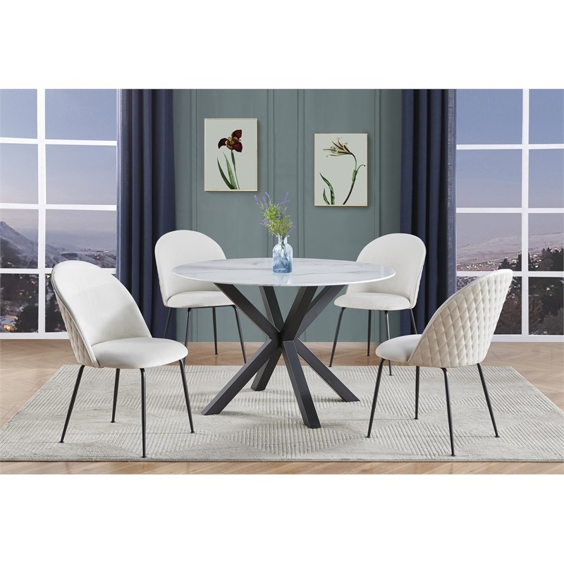 Quilted Back Side Chairs Set of 2 in Beige Velvet and Gray Painted Legs