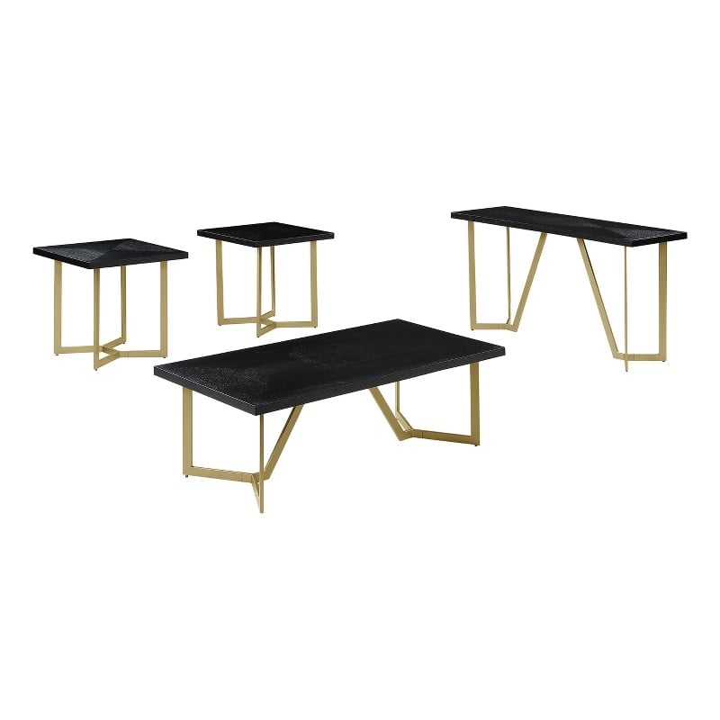 4pc Black Wood Coffee Table Set with Gold Painted Legs