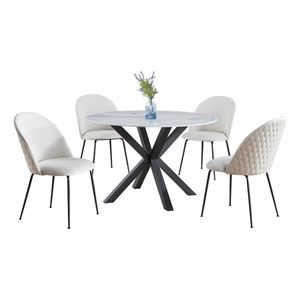 5pc white marble wrapped dining table with tempered glass and beige chairs