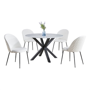 5pc white marble wrapped dining table with tempered glass and white chairs