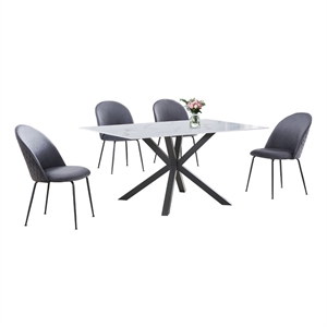 5pc white marble wrapped dining table with tempered glass and gray chairs