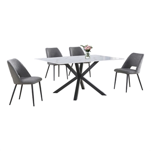 5pc white marble wrapped dining table with tempered glass and gray chairs