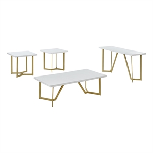 4pc white wood coffee table set with gold painted legs