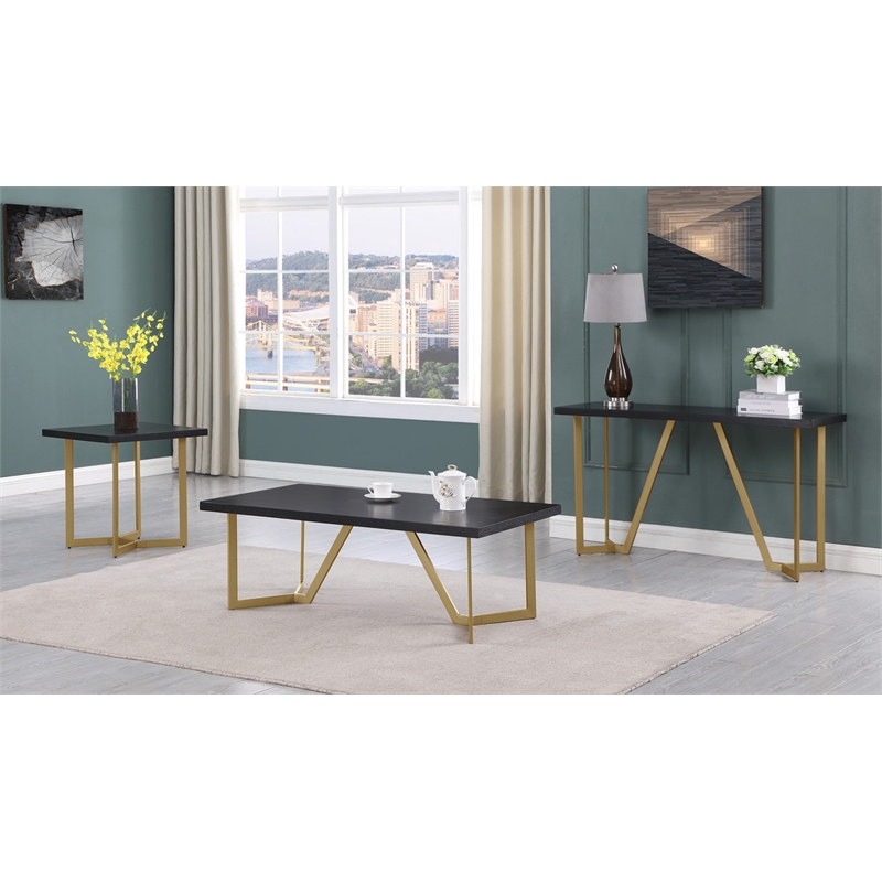3pc Black Wood Coffee Table Set with Gold Painted Legs