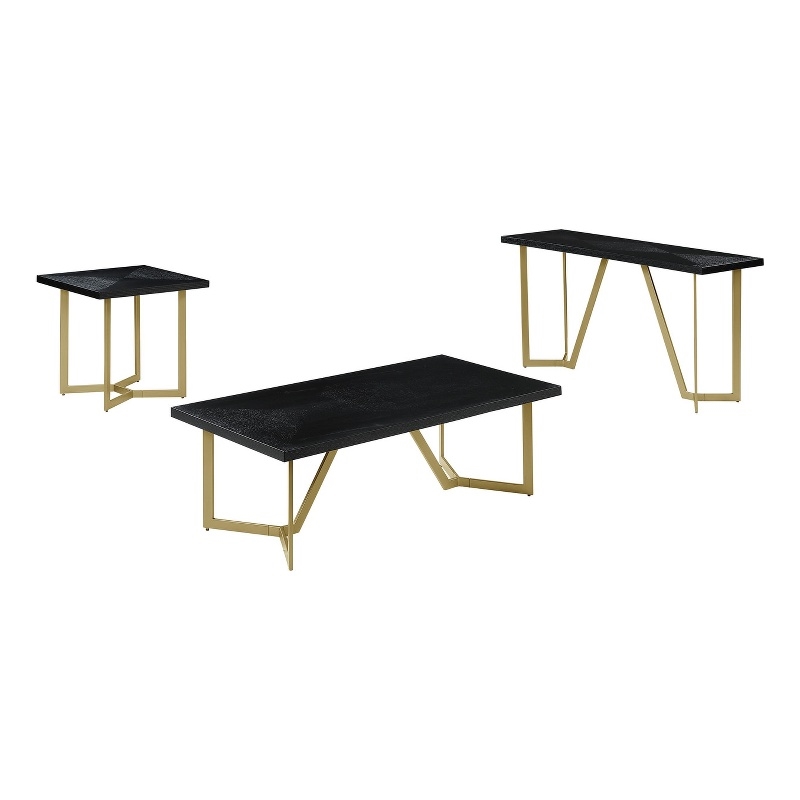 3pc Black Wood Coffee Table Set with Gold Painted Legs