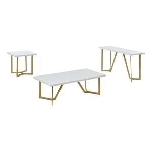 3pc white wood coffee table set with gold painted legs