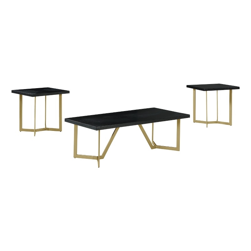 3pc Black Wood Coffee Table Set with Gold Painted Legs