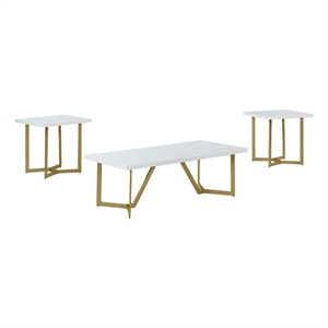 3pc white wood coffee table set with gold painted legs