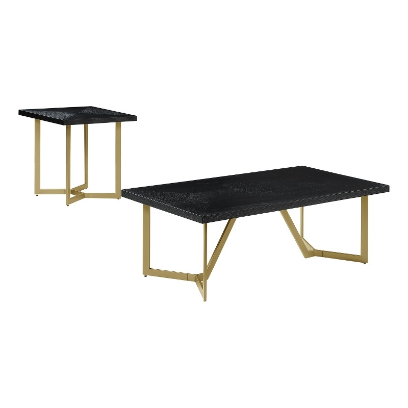 2pc Black Wood Coffee Table Set with Gold Painted Legs