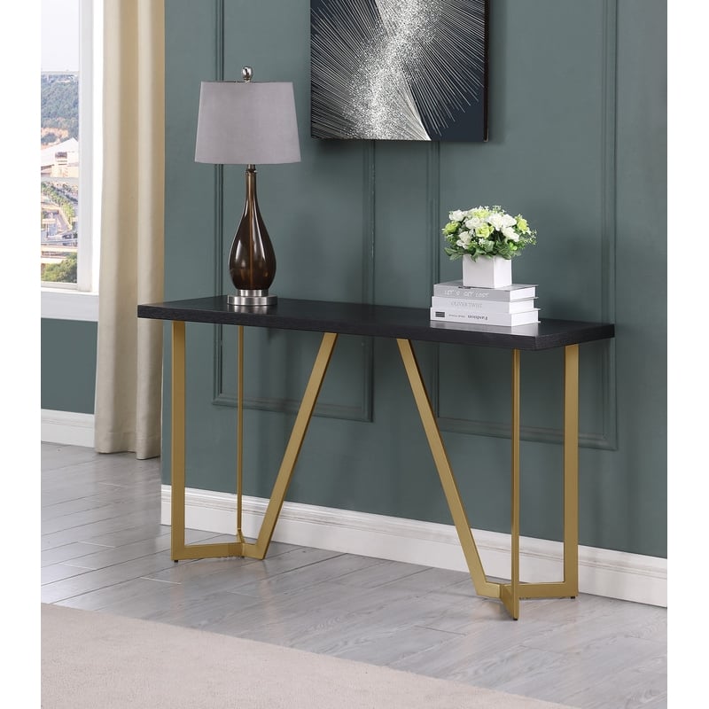 Contemporary Black Wood Console Table with Gold Painted Legs
