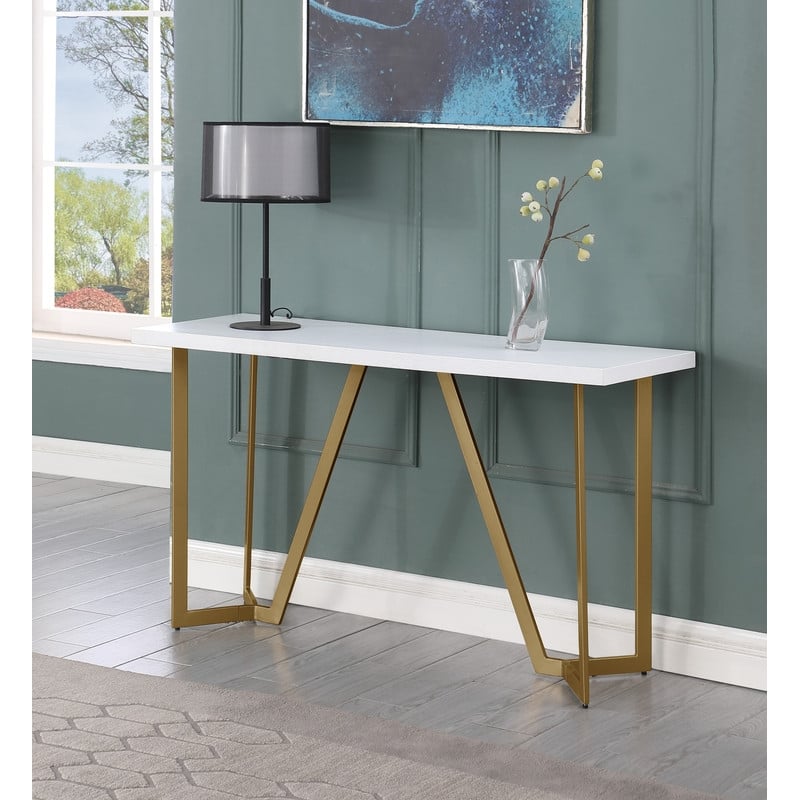 Contemporary White Wood Console Table with Gold Painted Legs