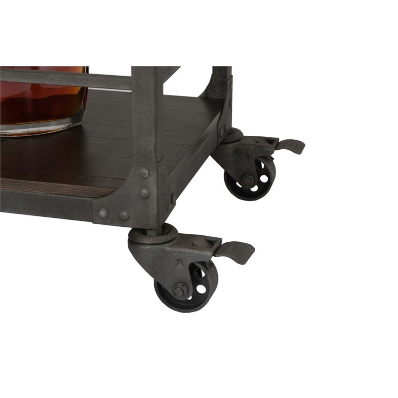 Rustic Espresso Wood Bar Cart with Metal Frame and Wheel Locks