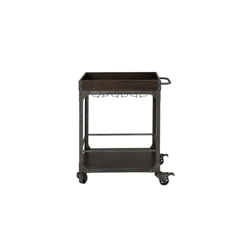 Rustic Espresso Wood Bar Cart with Metal Frame and Wheel Locks