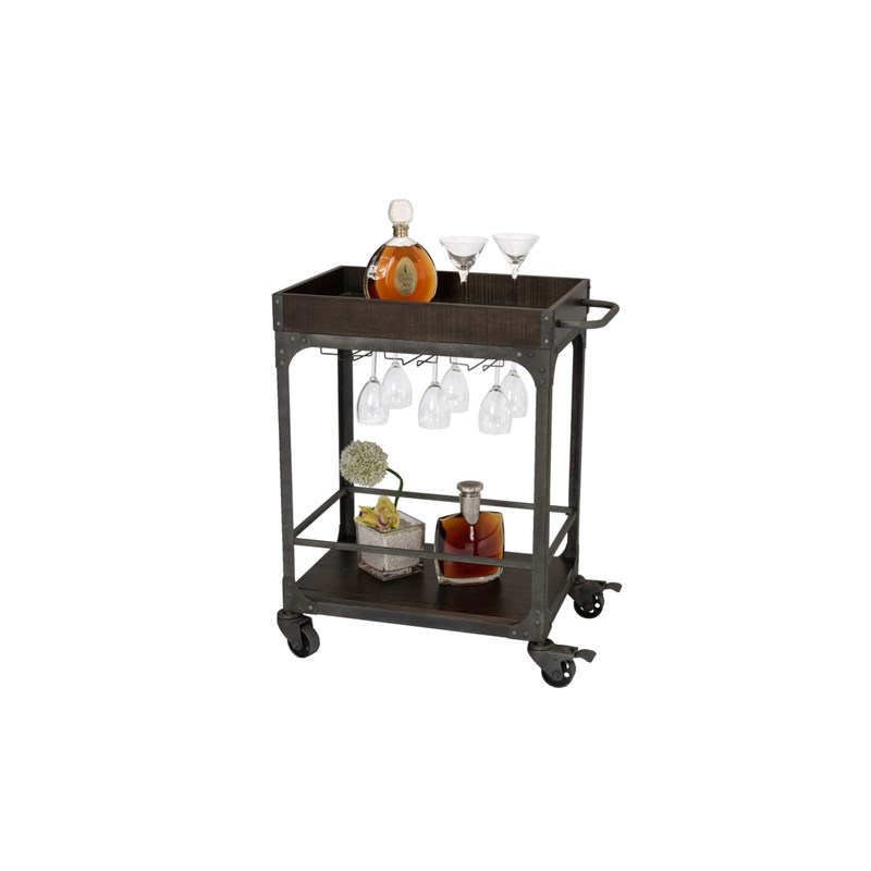 Rustic Espresso Wood Bar Cart with Metal Frame and Wheel Locks