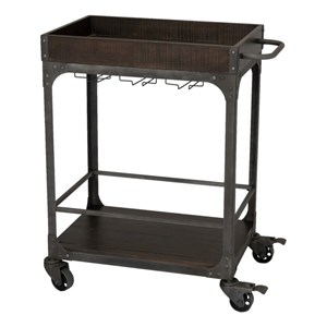 Rustic Espresso Wood Bar Cart with Metal Frame and Wheel Locks