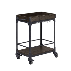 Rustic Light Brown Wood Bar Cart with Metal Frame and Wheel Locks