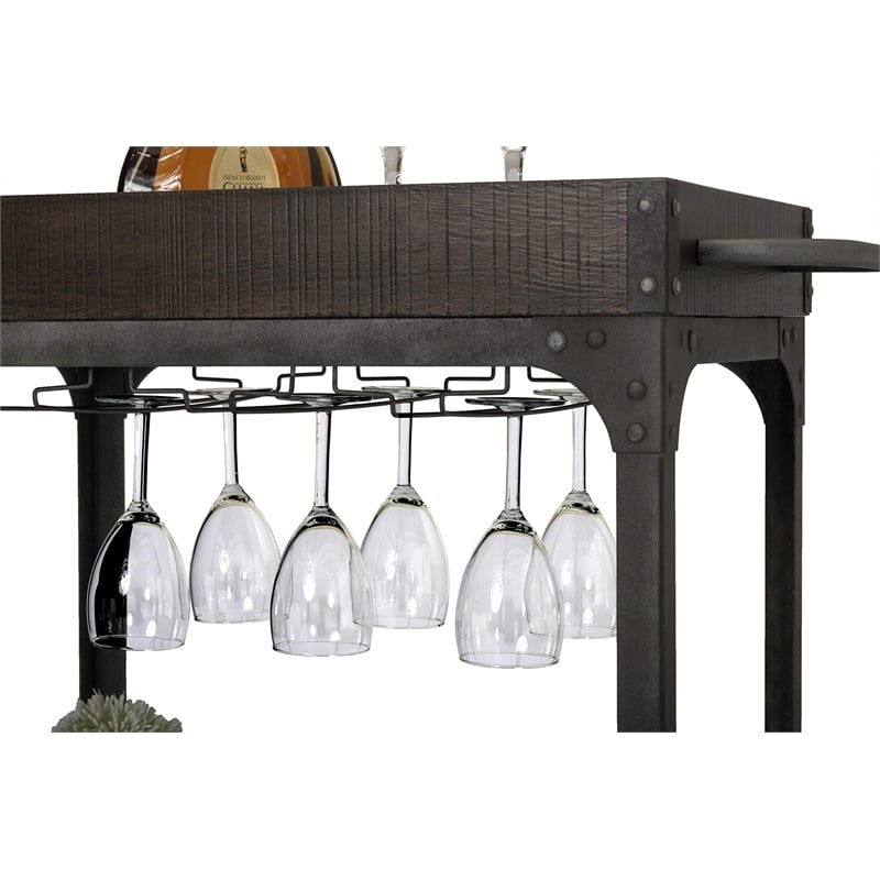 Rustic Light Brown Wood Bar Cart with Metal Frame and Wheel Locks