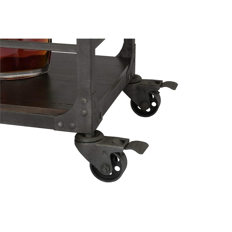 Rustic Light Brown Wood Bar Cart with Metal Frame and Wheel Locks