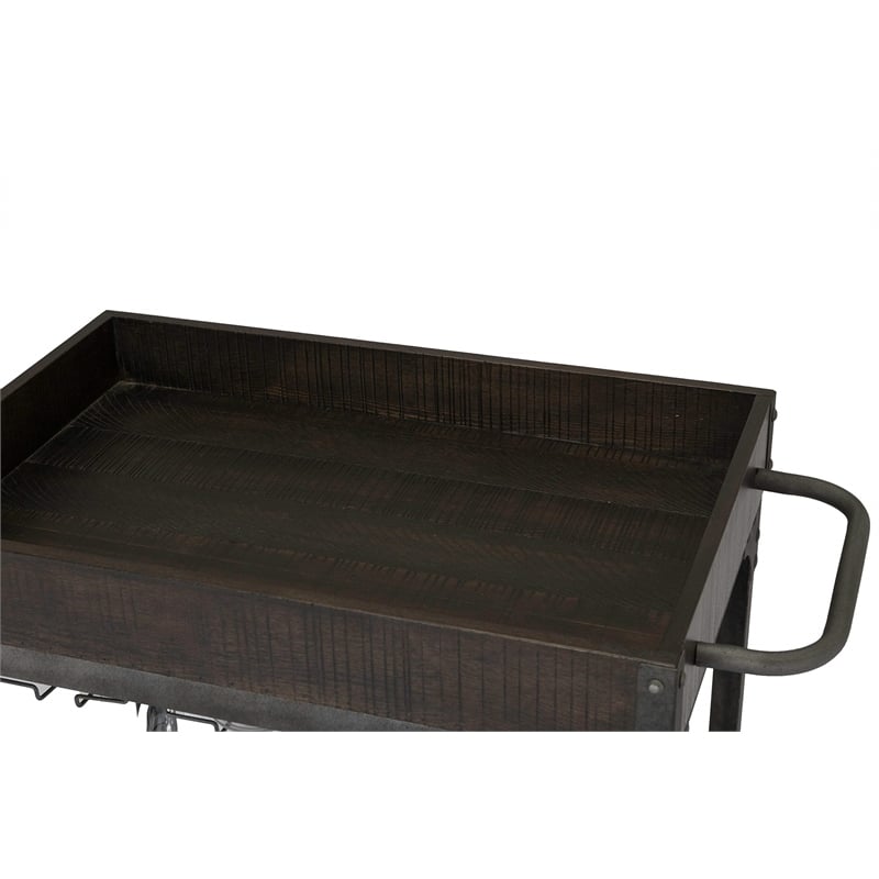Rustic Light Brown Wood Bar Cart with Metal Frame and Wheel Locks