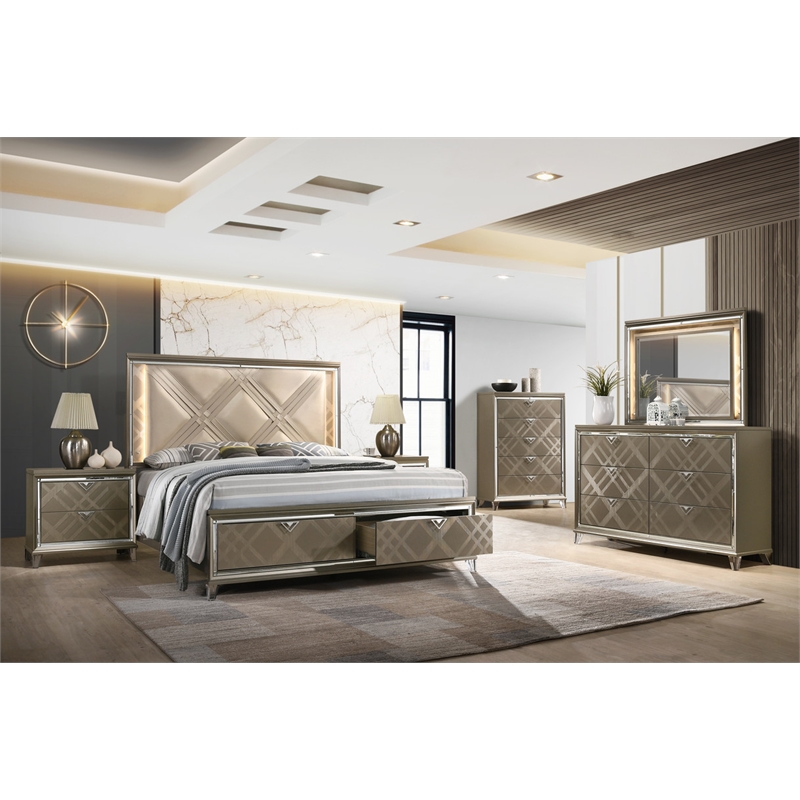 Majestic Gold Wood Queen Platform Bed with LED Lighting and Acrylic Legs