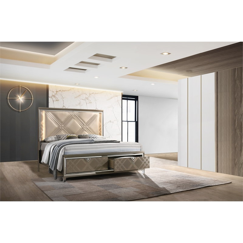 Majestic Gold Wood Queen Platform Bed with LED Lighting and Acrylic Legs