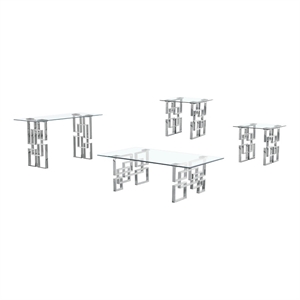 4pc clear 10mm tempered glass coffee table set with silver stainless steel