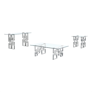 3pc clear 10mm tempered glass coffee table set with silver stainless steel