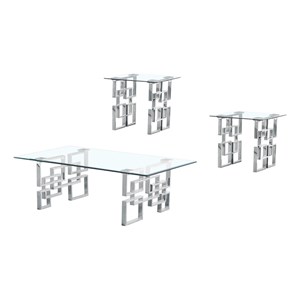 3pc clear 10mm tempered glass coffee table set with silver stainless steel