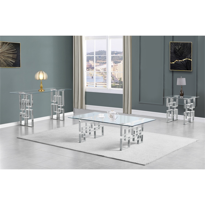 Modern Coffee Table with 10mm Clear Tempered Glass and Silver Stainless Steel