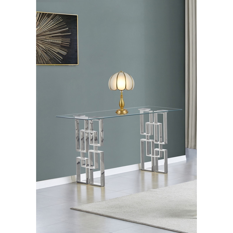 Modern Console Table with 10mm Clear Tempered Glass and Silver Stainless Steel
