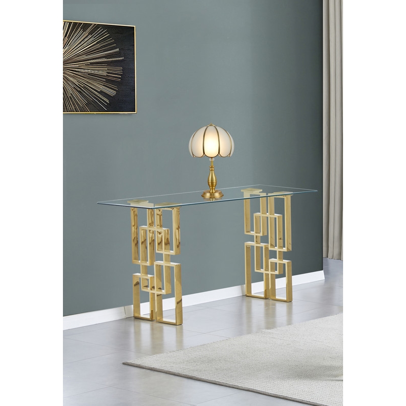 Modern Console Table with 10mm Clear Tempered Glass and Gold Stainless Steel