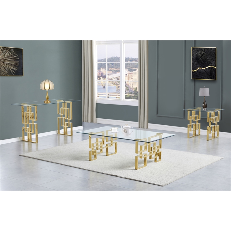 Modern Console Table with 10mm Clear Tempered Glass and Gold Stainless Steel