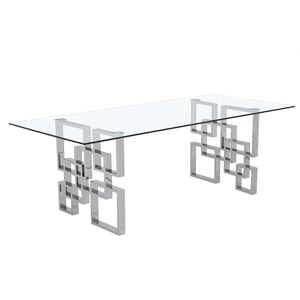 94&quot Glass Dining Table with Clear Tempered Glass Top and Silver Stainless Steel