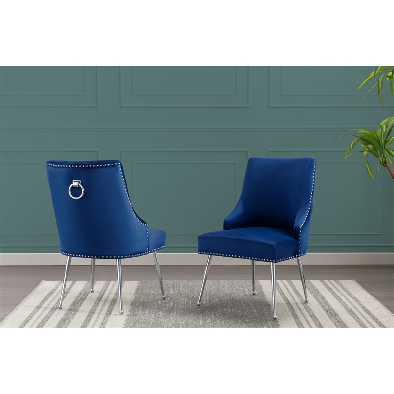 Set of 2 Navy Blue Velvet Upholstered Side Chairs with Iron Chrome Legs and Ring