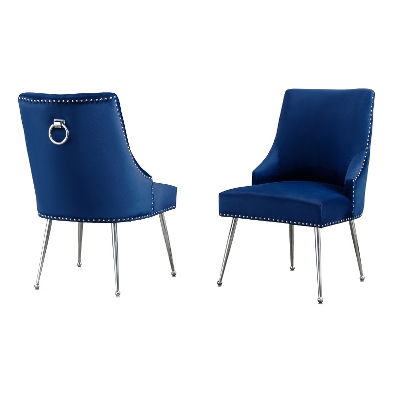 Set of 2 Navy Blue Velvet Upholstered Side Chairs with Iron Chrome Legs and Ring