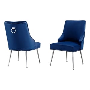 Set of 2 Navy Blue Velvet Upholstered Side Chairs with Iron Chrome Legs and Ring