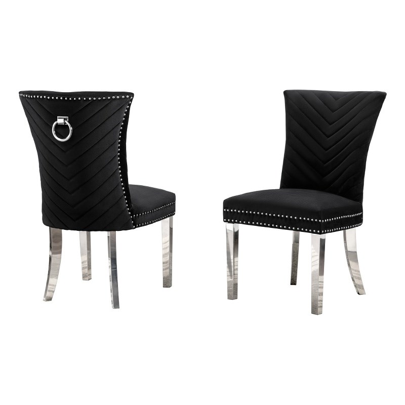 Set of 2 Black Velvet Upholstered Side Chairs with Stainless Steel Legs and Ring
