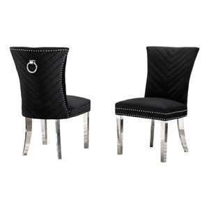 Set of 2 Black Velvet Upholstered Side Chairs with Stainless Steel Legs and Ring