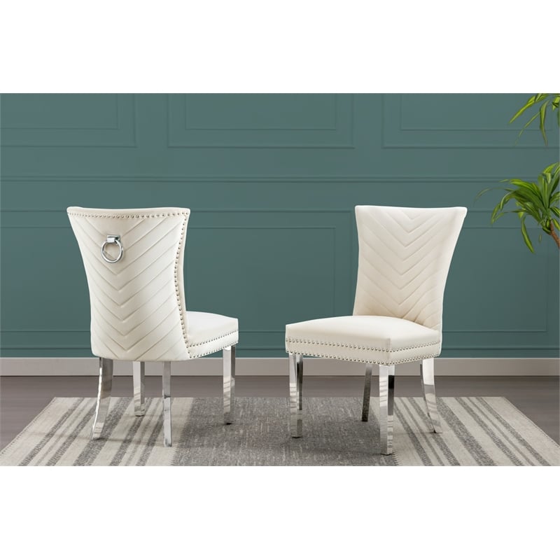 Set of 2 Cream Velvet Upholstered Side Chairs with Stainless Steel Legs and Ring