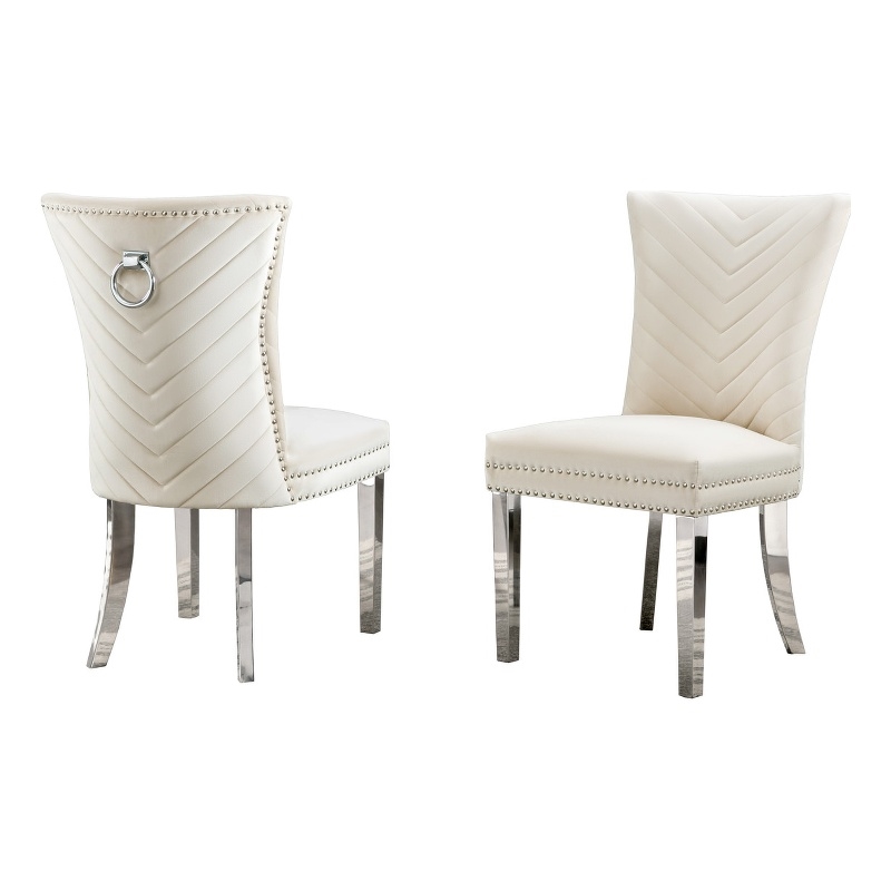 Set of 2 Cream Velvet Upholstered Side Chairs with Stainless Steel Legs and Ring