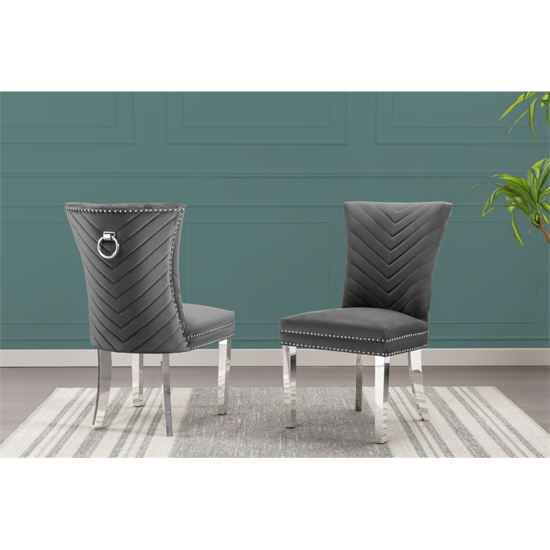 Set of 2 Dark Gray Velvet Upholstered Chairs with Stainless Steel Legs