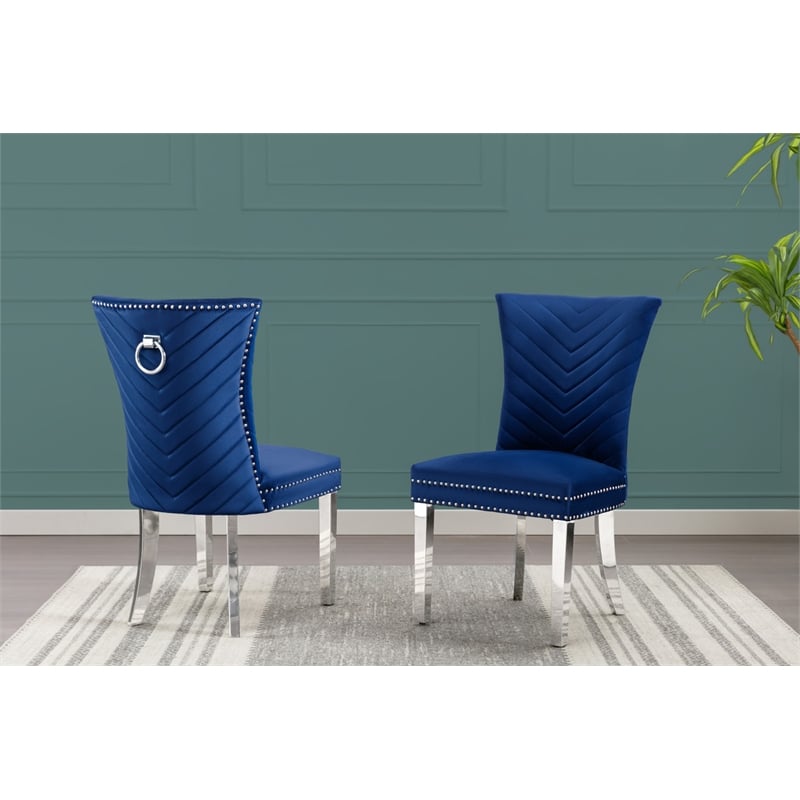 Set of 2 Navy Blue Velvet Upholstered Chairs with Stainless Steel Legs