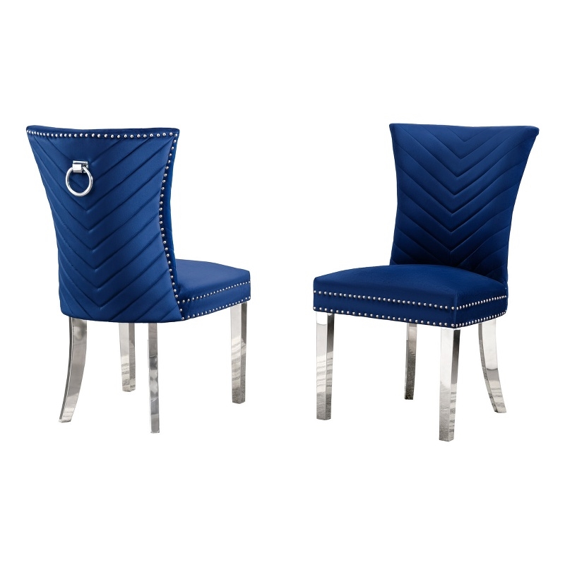 Set of 2 Navy Blue Velvet Upholstered Chairs with Stainless Steel Legs