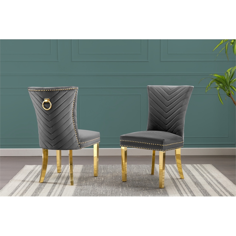 Set of 2 Dark Gray Velvet Upholstered Chairs with Gold Stainless Steel Legs
