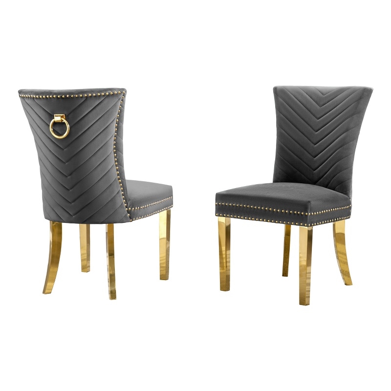 Set of 2 Dark Gray Velvet Upholstered Chairs with Gold Stainless Steel Legs