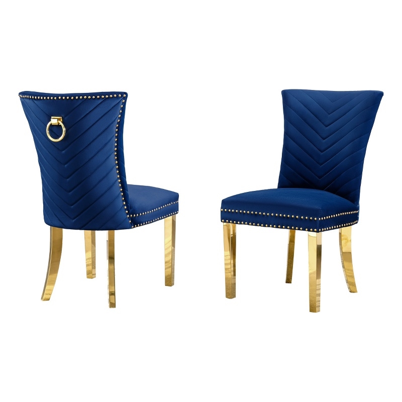 Set of 2 Navy Blue Velvet Upholstered Chairs with Gold Stainless Steel Legs