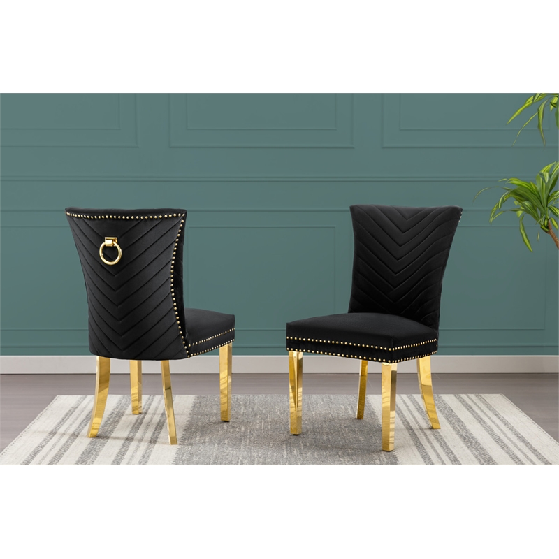 Set of 2 Black Velvet Upholstered Chairs with Gold Stainless Steel Legs
