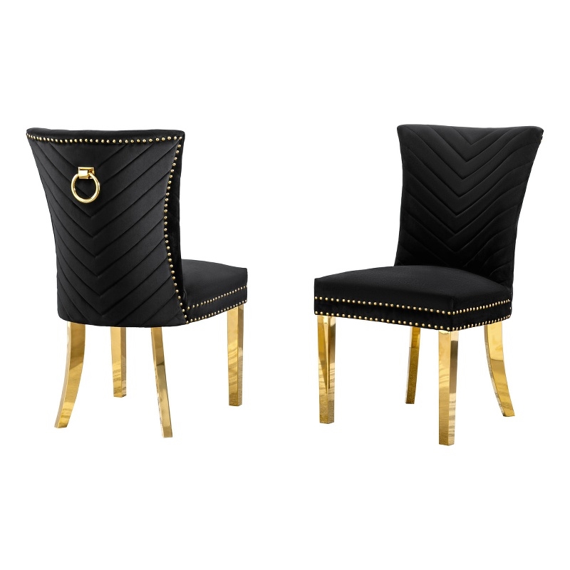 Set of 2 Black Velvet Upholstered Chairs with Gold Stainless Steel Legs