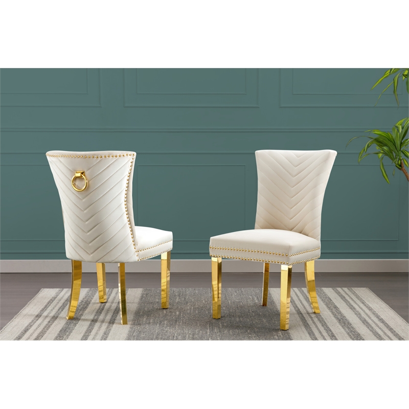 Set of 2 Cream Velvet Upholstered Chairs with Gold Stainless Steel Legs
